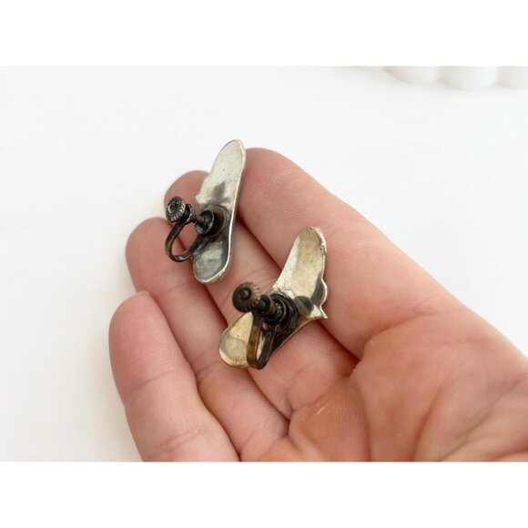 Hopi Overlay Alpaca Sterling Silver Modernist Freeform Mexican Studs - Picture 5 of 8